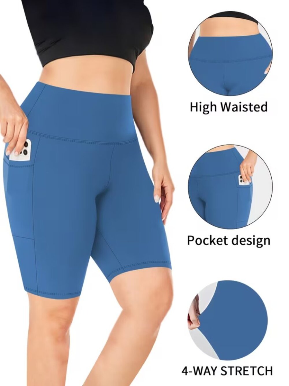 Women's Plus Super Soft Yoga Bike Shorts W/Pockets Blue 2X-3X Workouts & Casual